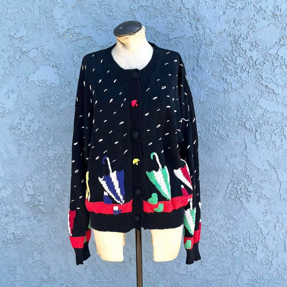 90s Umbrella Sweater Quirky Novelty print large cardigan
